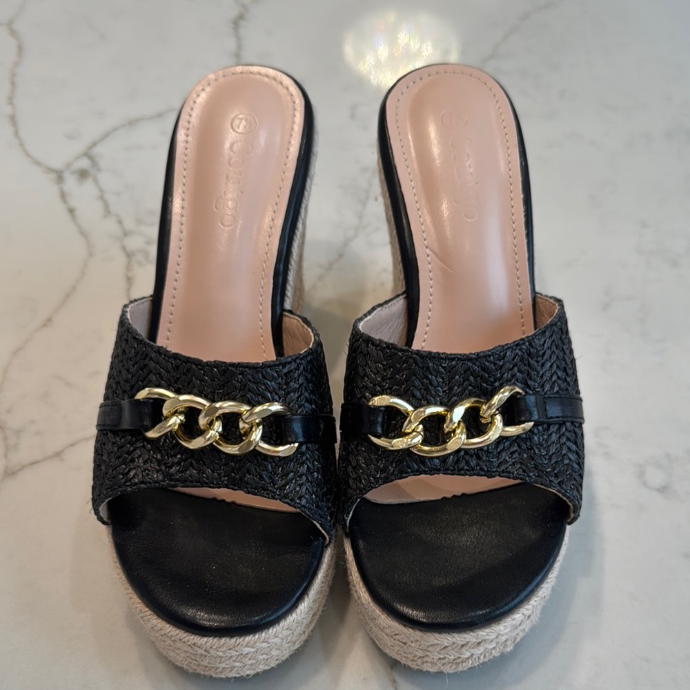 Black Wedge Sandals with Gold Chain